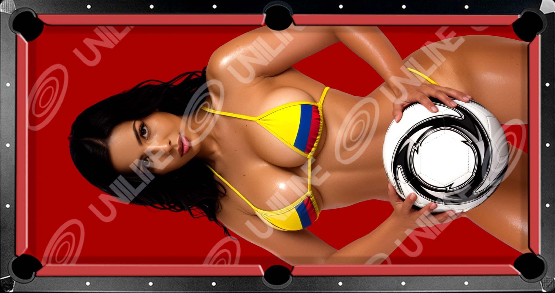 tela de billar roja con estampado de modelo futbolera colombia cuantiko
